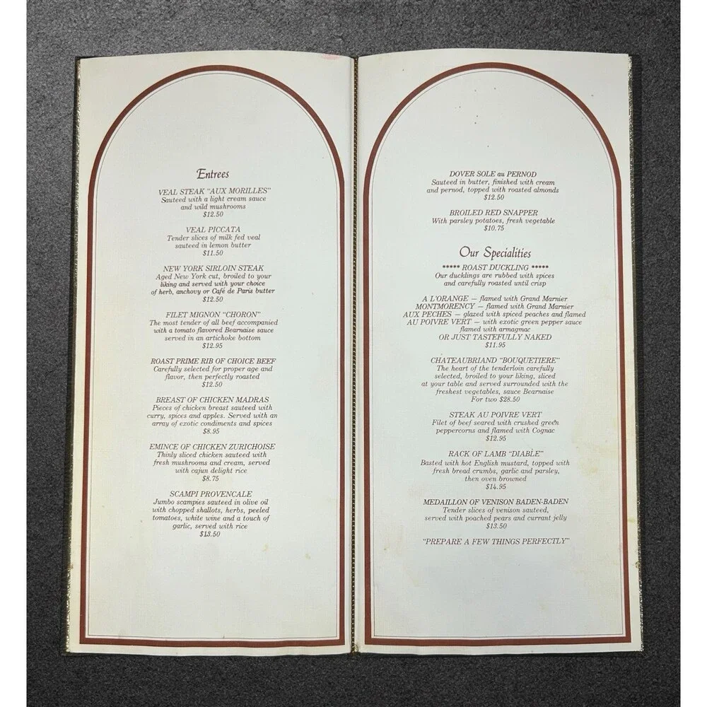 Vintage Harrison’s Restaurant Dinner Menu Regency Cold Buffet Gold Cover Retro